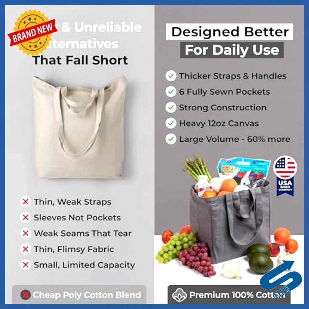 Heavy Duty Canvas Grocery Tote Set Foldable Washable Dual Handle Pockets